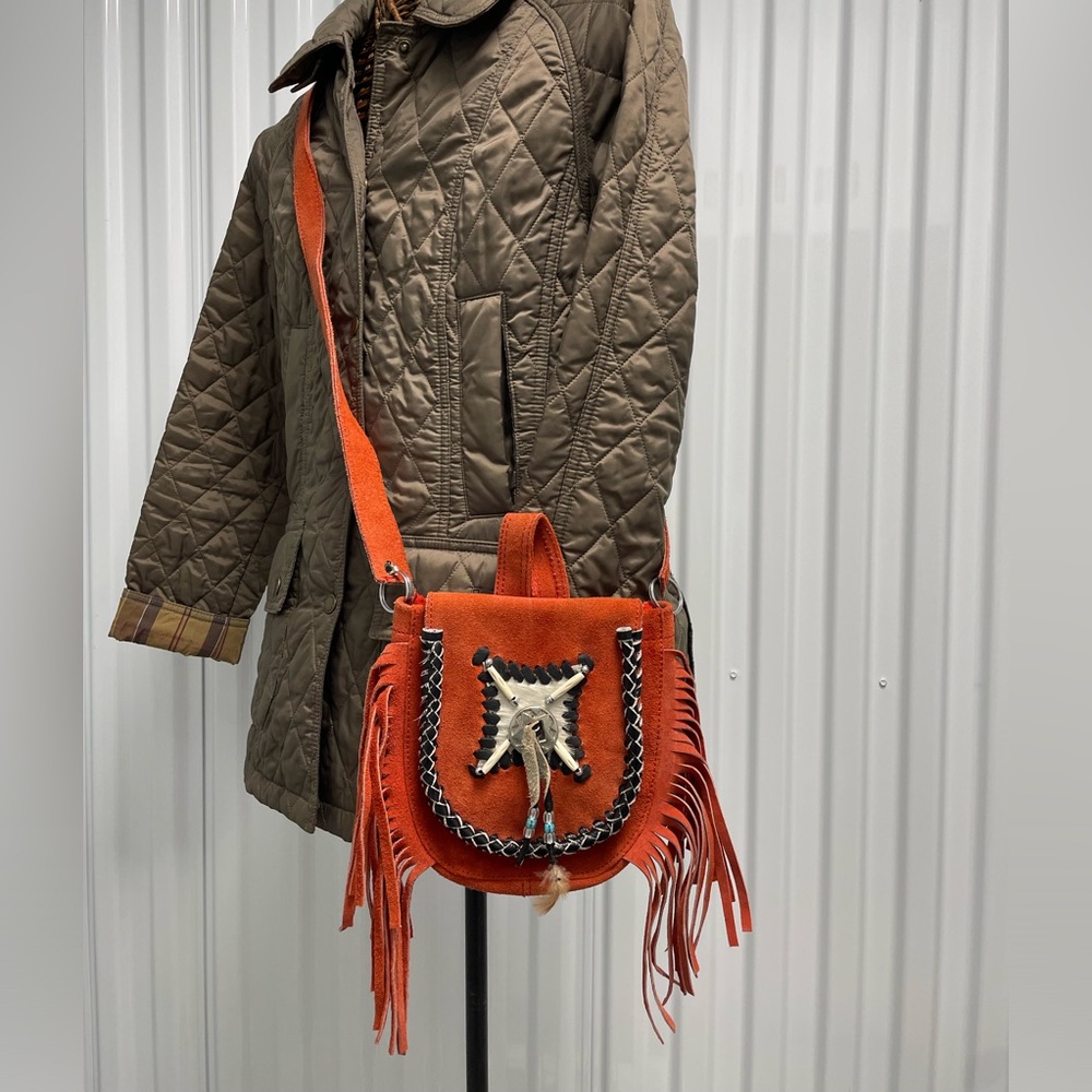 Vintage Orange Suede Fringe Crossbody Bag